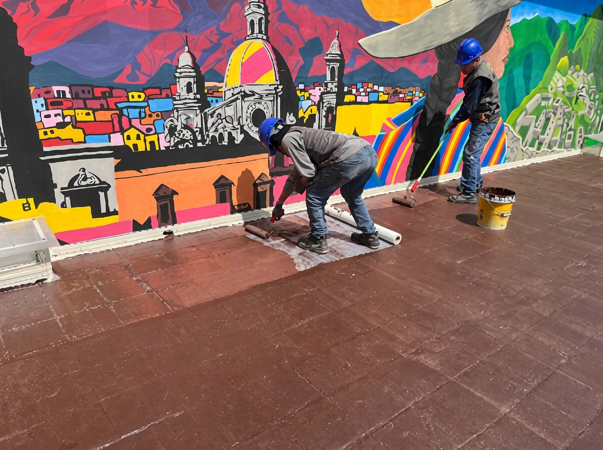 Aplicación de impermeabilización elastomérica en azotea con mural artístico