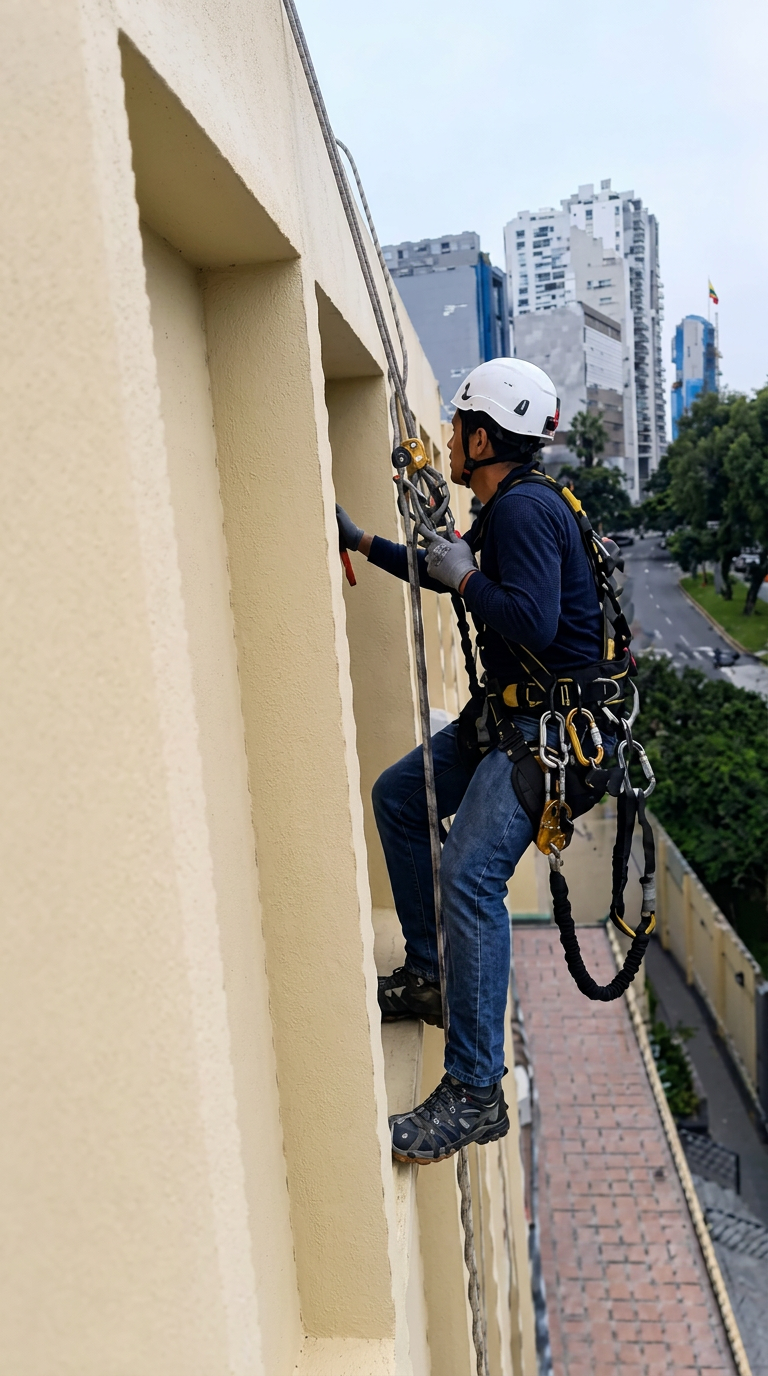 Trabajo de pintado en altura con acceso por cuerdas