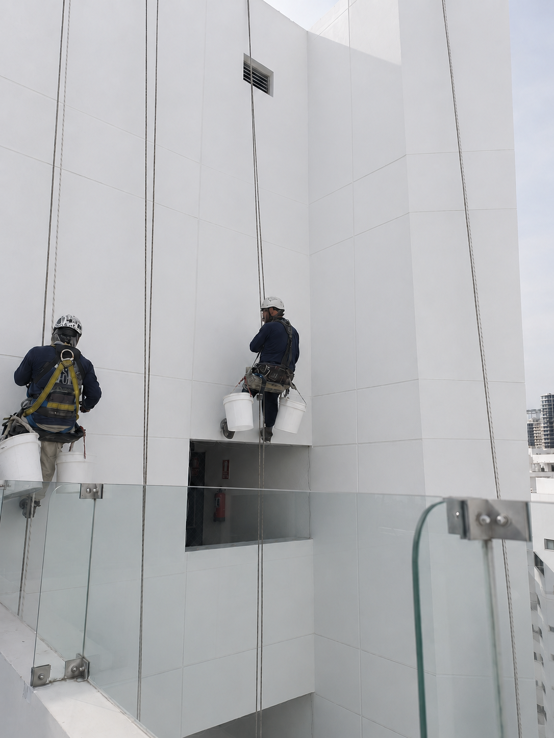 Cuadrilla trabajando con acceso por cuerdas en la fachada
