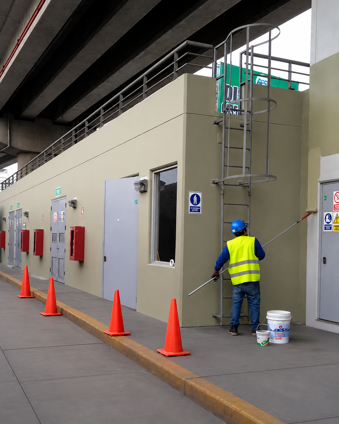 Pintado de muros exteriores de la estación con señalización de seguridad