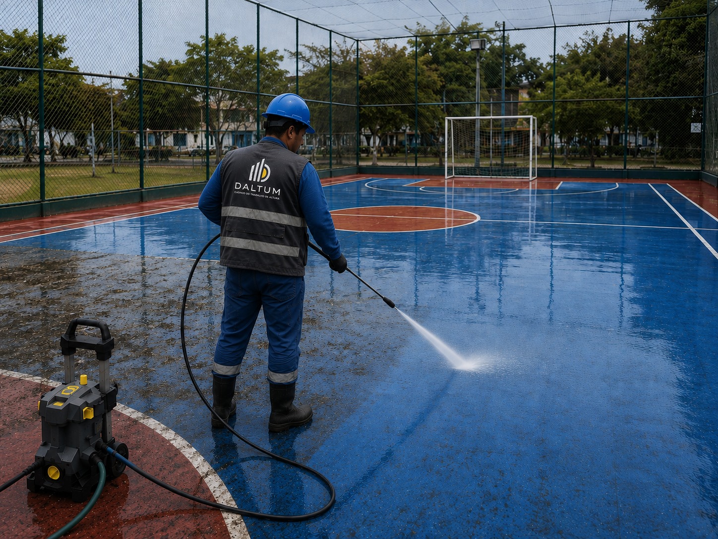Operario D'ALTUM hidrolavando el piso de una losa deportiva