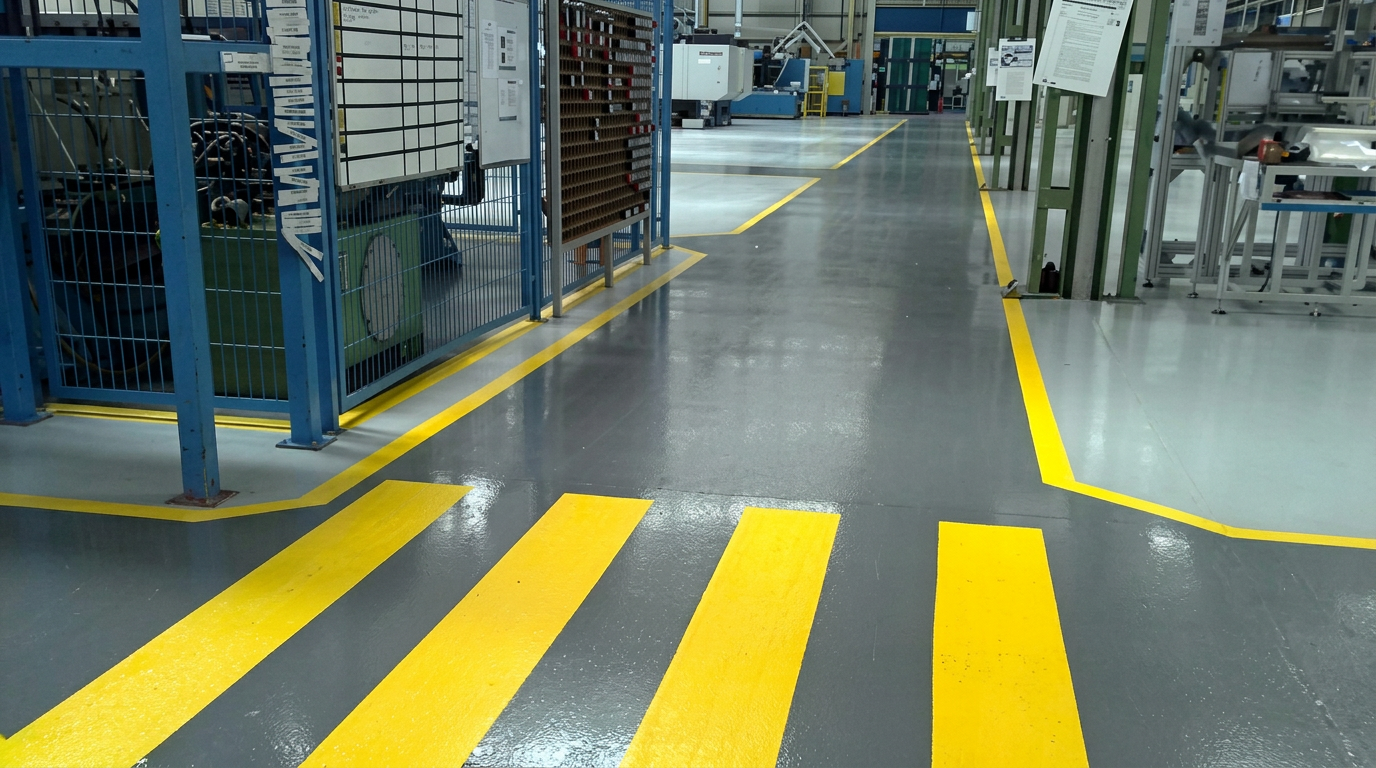 Demarcación peatonal amarilla en piso industrial