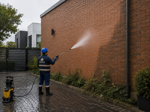 Operario hidrolavando la fachada de una edificación